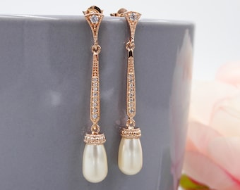 Art deco style slim long drop pearl earrings. Gold, silver or rose gold,