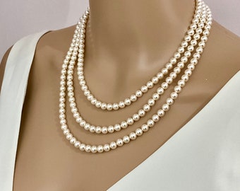 Triple strand pearl necklace,  vintage style layered, silver, gold or rose gold, Made to your measure and your colours