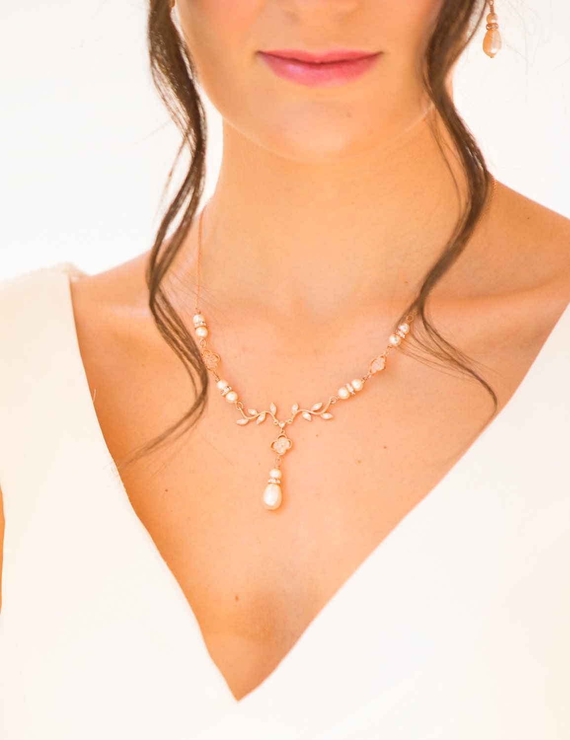 Leaf vine bridal necklace, in rose gold or silver, with optional