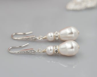 Pearl drop earrings, bridal, rose gold, yellow gold or silver, with Swarovski crystal and with pave set cubic zirconia hooks,