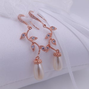 Silver, rose gold, Leaf vine Swarovski pearl bridal necklace, with optional backdrop chain, image 4