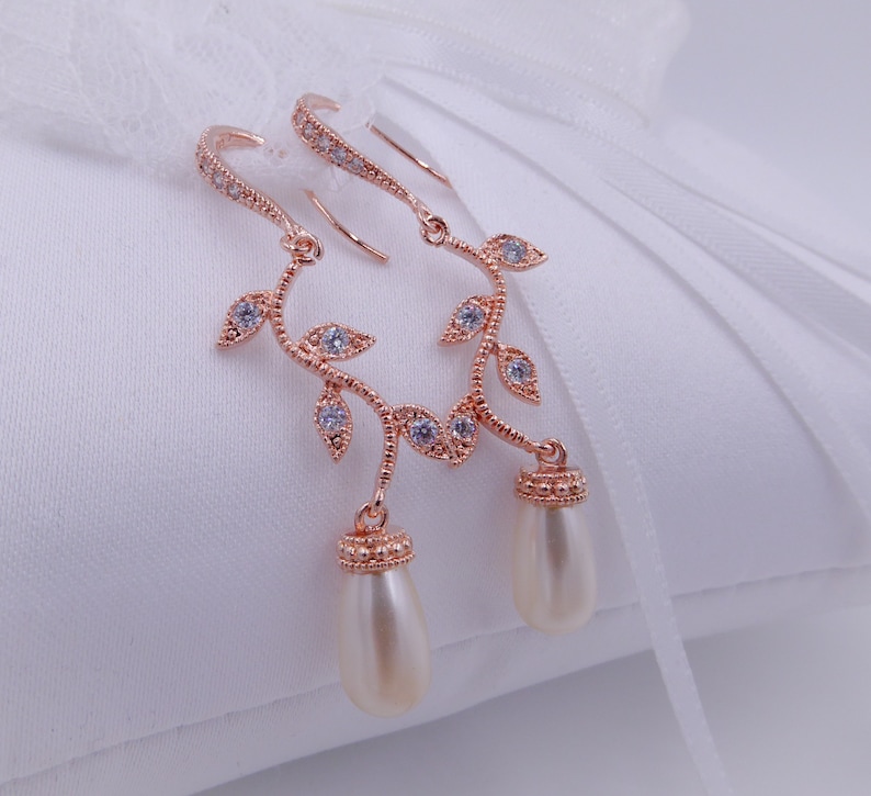 Silver, rose gold, Leaf vine Swarovski pearl bridal necklace, with optional backdrop chain, image 4