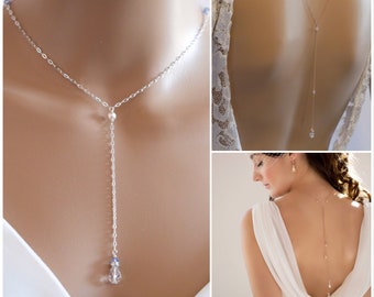 Lariat drop necklace with backdrop chains, Bridal, rose gold or Sterling silver, with Swarovski crystals, pearls, in your colour choice