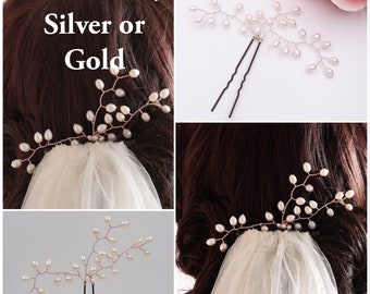 Real pearl hair pin vine, large bridal hair pin, freshwater pearls, gold, silver, rose gold, wedding haircomb