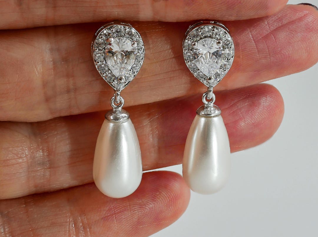 Pearl Drop Earrings Sterling Silver Crystal for Brides or Etsy UK