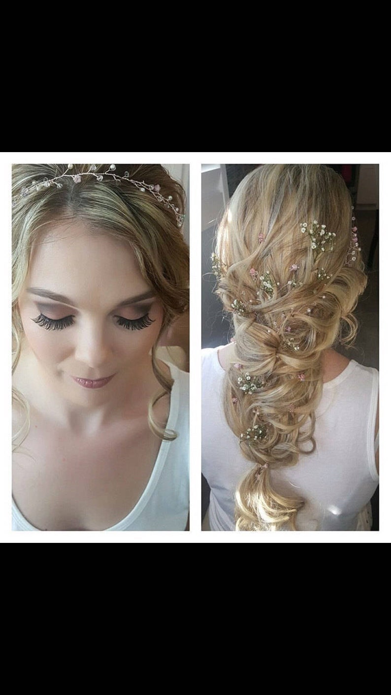 Rustic wedding hair vine, garland, sparkling crystal, rose gold, hair crown, boho, wedding accessories, summer bride, Boho chic, pink blue image 1