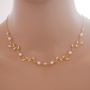 Silver, rose gold, Leaf vine Swarovski pearl bridal necklace, with optional backdrop chain, image 1