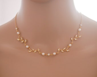 Silver, rose gold, Leaf vine Swarovski pearl bridal necklace, with optional backdrop chain,