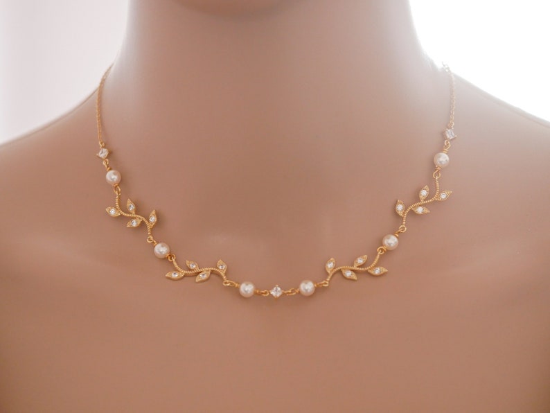 Silver, rose gold, Leaf vine Swarovski pearl bridal necklace, with optional backdrop chain, image 1