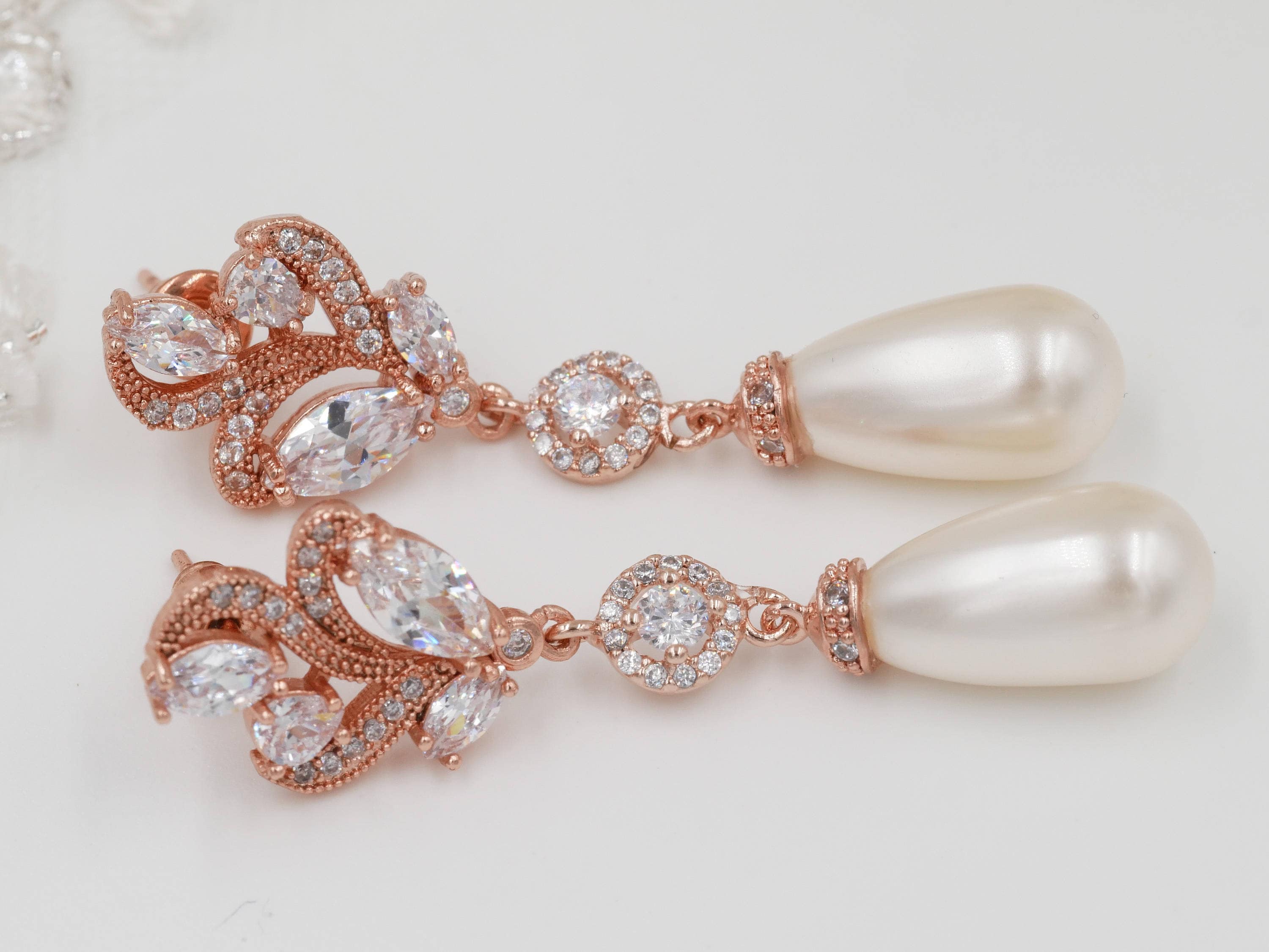 Rose gold pearl drop earrings, or pendant set, silver, wedding earrings