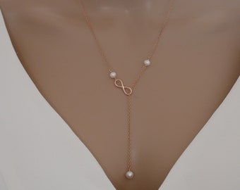 Lariat y infinity charm necklace, adjustable, pull through, with pearl or crystal and silver or rose gold