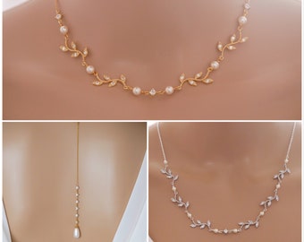 Leaf vine necklace, backdrop, earrings with Swarovski pearls, bridal necklace, rose gold, gold or silver