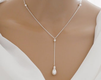 Pearl Lariat Y Necklace: Sterling Silver Bridal Backdrop