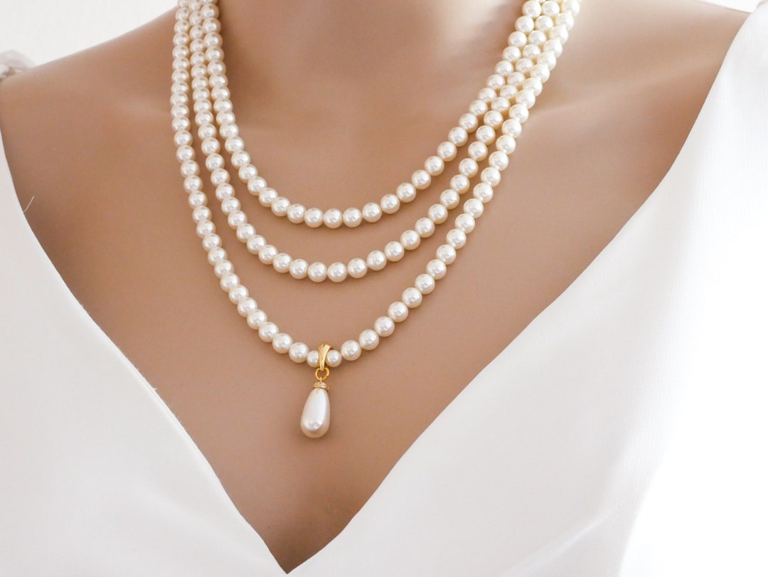 Triple Strand Pearl Necklace With Swarovski Pearls Vintage Etsy
