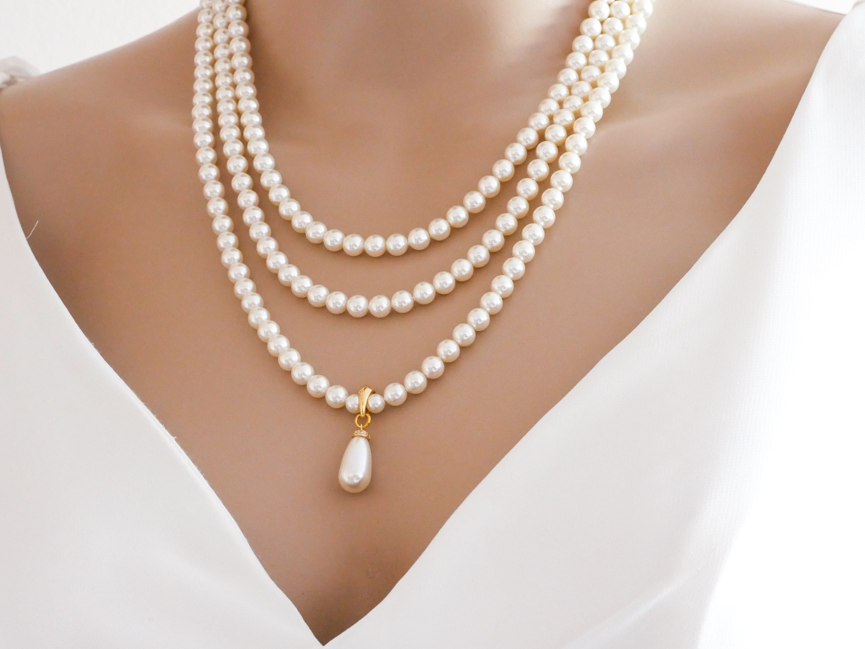 Triple Strand Pearl Necklace Vintage Style Layered Silver Gold Or Rose Gold Made To Your 