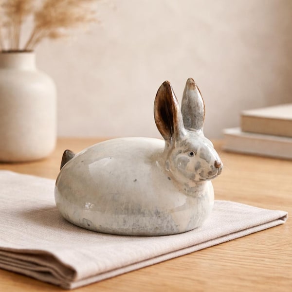 Round Rabbit Speckled Pottery Figurine , Vintage Bunny Glazed Finish,  Spring Decor