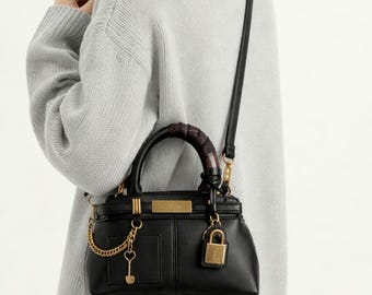 Steve Madden Black Mini Satchel , Shoulder Bag Padlock Heart Brushed Gold Hardware New