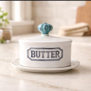 May include: A white ceramic butter dish with a lid and a small plate. The word "BUTTER" is displayed in a blue frame on the front. The lid has a teal-colored knob. The dish is on a marble surface.