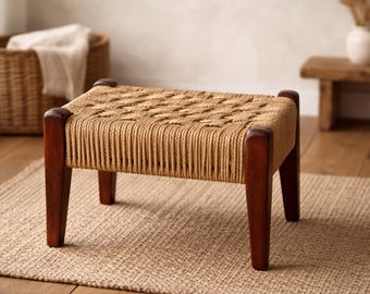 Vintage Rush Rope Footstool: Woven Stool Hygge Style