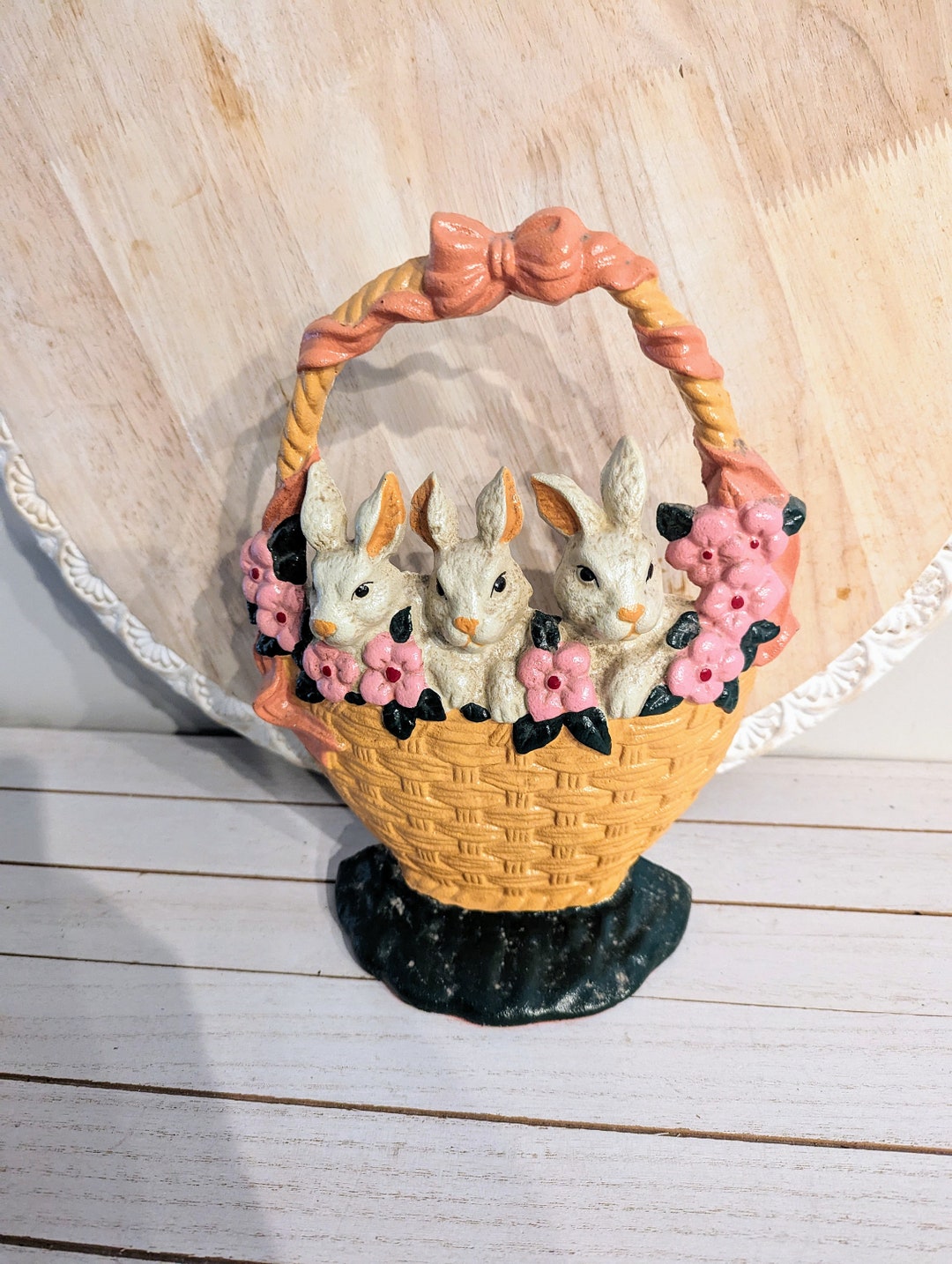 Door Rabits Cast Iron Doorstop Rabbits in Basket , Metal Door Wedge Bunnies ...