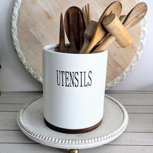 THL  Utensil Holder Wood Base , Farmhouse Kitchen Utensil Storage , 7&quot; Ceramic Black White Utensil Container , Cottage Spoon Spatula Crock