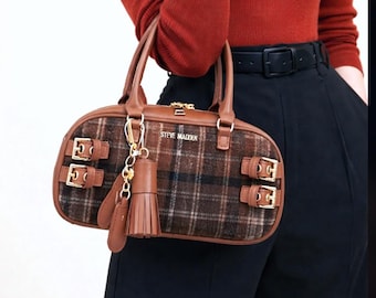Steve Madden Brown Plaid Blennix Nutshell Crossbody Bag Tassel Dog Charm