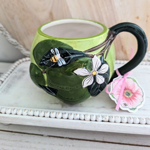 Lime Coffee Mug , Bee Lime Flower Green Cup Mug ,  Raised Lime Stem Tea Cup , Tiered Tray  Lime Mug Decor , Lime Mug by Blue Sky Clay Works