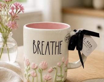 Rae Dunn "Breathe" Mug: Tulip 20 Oz Coffee Cup Handpainted