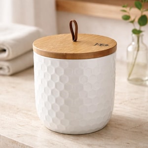 Thl Honeycomb Canister Bamboo Lid , White Ceramic Storage Container with Wood Lid leather Loop