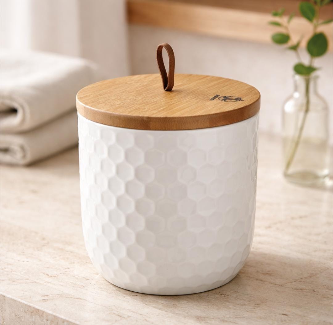 Thl Honeycomb Canister Bamboo Lid , White Ceramic Storage