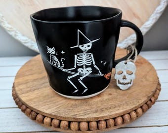 Skeleton Witch Cat Mug Cup by Prima Design , Flying Skeleton Flying Witch and Cat Mug , Halloween Kitchen Mug Decor , Halloween Gift