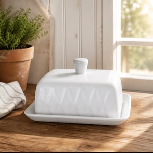 May include: A white ceramic butter dish featuring a rectangular base and a matching lid with a knob handle. The lid is decorated with a geometric diamond pattern embossed into the surface, providing a textured appearance to the glossy white finish.