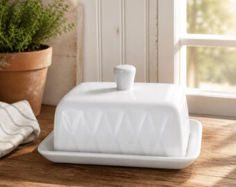White Ceramic Butter Dish: Crisscross Pattern Butter Keeper