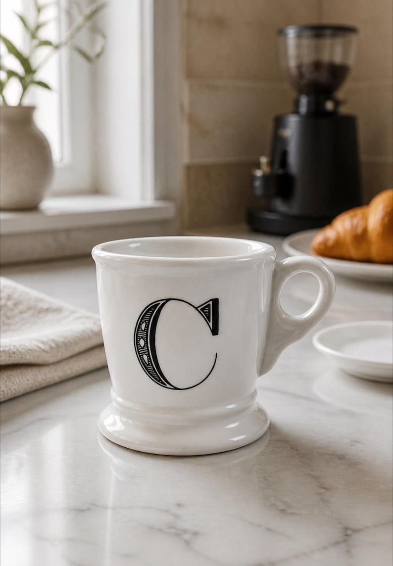 K&ouml;nnte beinhalten: Wei&szlig;e Keramik-Tasse mit einem schwarzen Buchstaben "C"-Design. Die Tasse hat einen abgerundeten Boden und einen gebogenen Henkel. Ein Croissant und eine Kaffeem&uuml;hle sind im Hintergrund. Die Tasse steht auf einer Marmorarbeitsplatte.