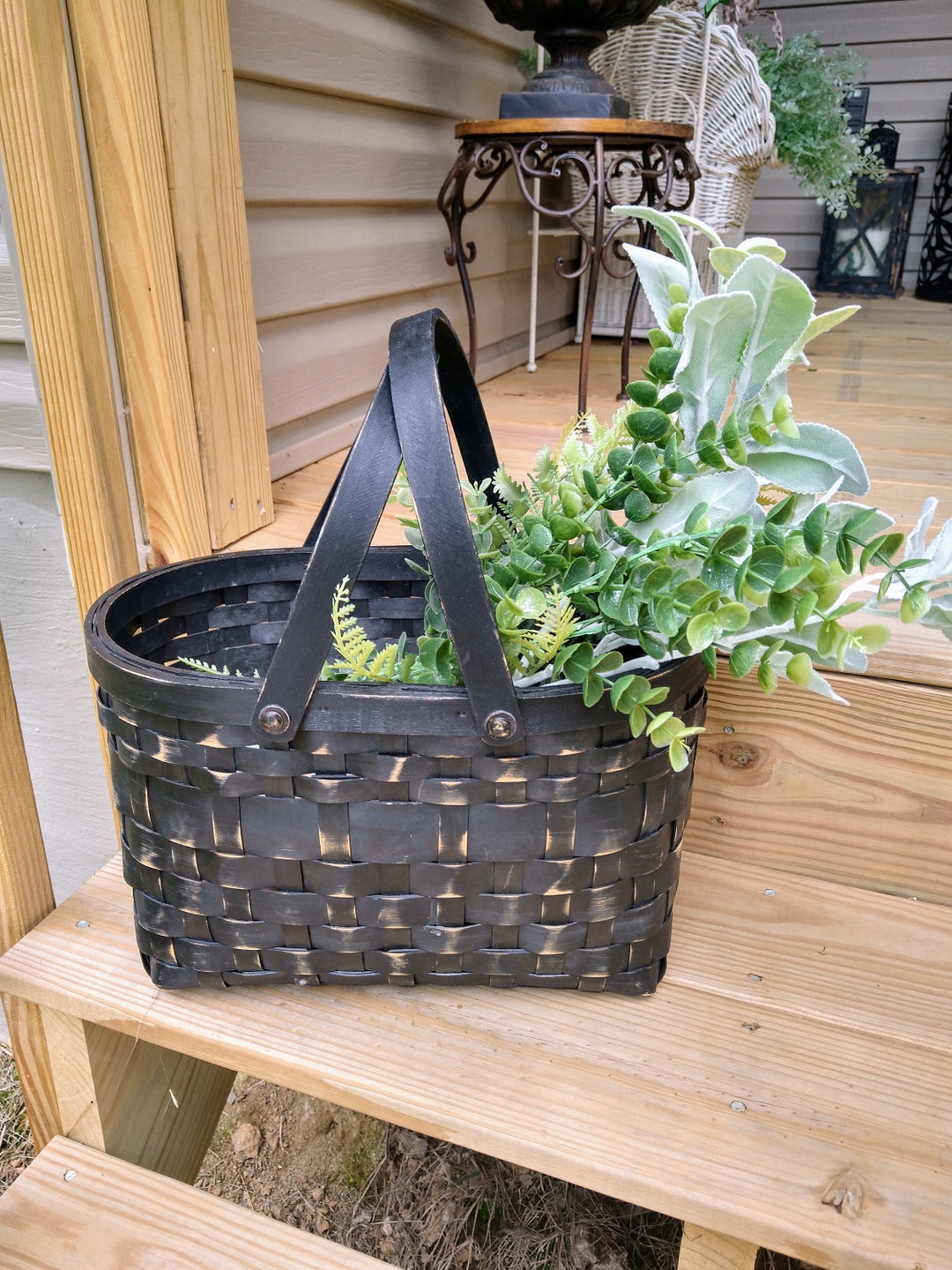 Black Gathering Basket , Split Wood Market Basket , Amish Black Basket