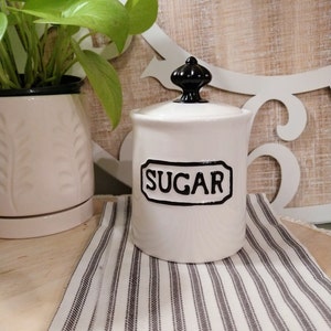 THL Sugar Canister , Small 5.25&quot; Crown Knob Sugar Canister , Black White Sugar Container ,  Ceramic Sugar Storage , Farmhouse Sugar Canister