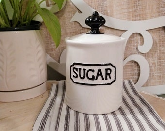 THL Sugar Canister Small ,  Crown Knob Sugar Canister , Black White Sugar Container ,  Ceramic Sugar Storage , Farmhouse Sugar Canister