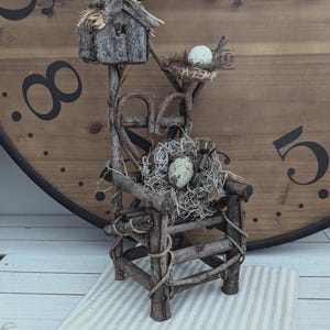 Rustic Twig Doll Chair: Artisan Birdhouse Nest, Heart Back (12 inch)