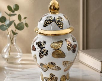 Butterfly Temple Vase" 8.5" Tall Gold Ginger Jar