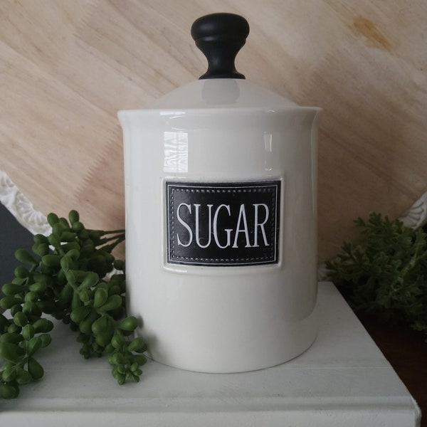 THL Sugar Canister Black Knob ,  THL Ceramic Sugar Storage , Farmhouse Sugar Jar ,  Cottage Core  Sugar Canister