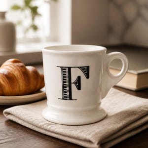 K&ouml;nnte beinhalten: Wei&szlig;e Keramiktasse mit einem schwarzen Buchstaben "F"-Design. Die Tasse steht auf einer beigen Leinen-Serviette. Ein Croissant auf einem Teller und ein Buch befinden sich im Hintergrund. Die Tasse hat einen abgerundeten Boden und einen Henkel.