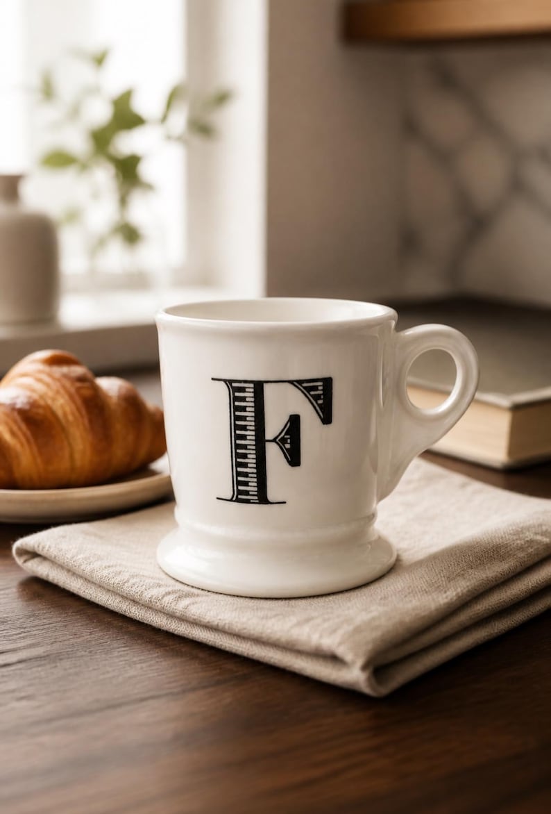 K&ouml;nnte beinhalten: Wei&szlig;e Keramiktasse mit einem schwarzen Buchstaben "F"-Design. Die Tasse steht auf einer beigen Leinen-Serviette. Ein Croissant auf einem Teller und ein Buch befinden sich im Hintergrund. Die Tasse hat einen abgerundeten Boden und einen Henkel.
