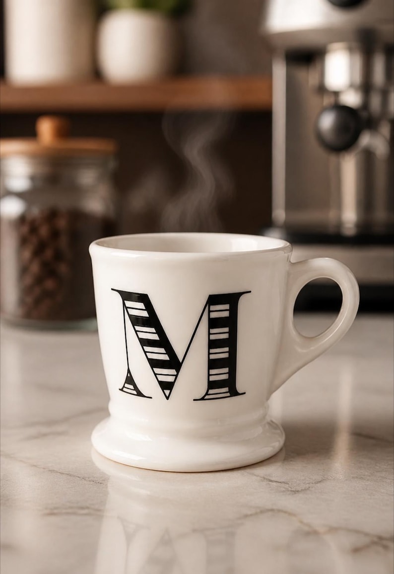 May include: A white ceramic mug with a large black letter "M" on the front. The letter is partially striped. Steam rises from the mug, suggesting a hot beverage. The mug sits on a marble surface.