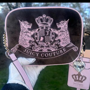 May include: A brown rectangular Juicy Couture handbag with a pink trim, featuring a pink embroidered crest with two dogs, a crown, and the brand name. It has a gold chain strap and a pink wristlet.