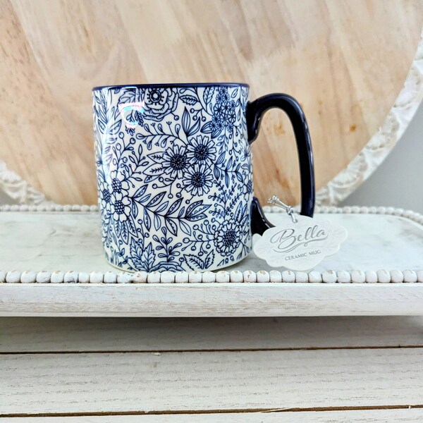 Cobalt Blue Floral Coffee Mug  , Flower Mug by 10 Strawberry Street , Blue White Ceramic Mug Cup ,  18 oz Bee Flowers Mug , Flower Theme Dec