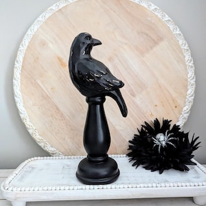 Halloween Black Raven Figurine on Pedestal ,  Martha Stewart Raven Figure ,  Distressed Bird Crow Statue ,  Halloween Crow Raven Decor