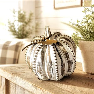 May include: A decorative pumpkin figurine featuring a white and distressed brown finish with prominent vertical ridges. The pumpkin is adorned with a beaded texture along each rib and includes a metallic gold-toned leaf accent at the top stem.