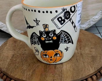 Eli + Ana Halloween Black Bat "BOO" Coffee Mug , Creep Show Ghost Witch Hat Tea Cup , Kitchen Spooky Season Decor , Halloween Gift