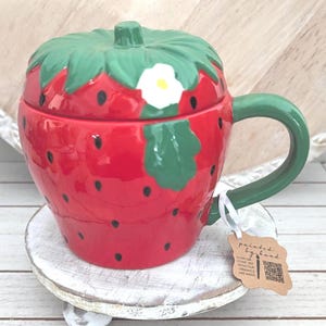Figural Strawberry Coffee Mug by Lang , Strawberry Lidded Tea Cup , Farmhouse Strawberry Mug , Tiered Tray Decor , Birthday Gift