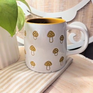 Gold Mushrooms Coffee Mug, Boho Engraved Mushrooms Jumbo Tea Cup 24 oz , Ceramic White By Tabletops Gallery
